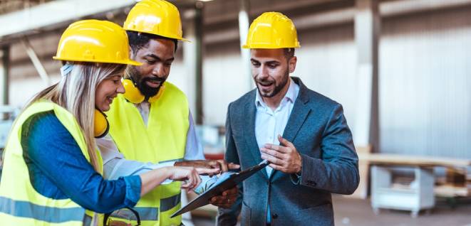 A diverse group of professionals, wearing safety gear, collaborating on a project using a tablet