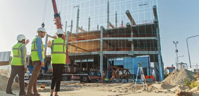 Real Estate Project Construction Site with Architectural Engineer, Investor and Worker Completing Building Development